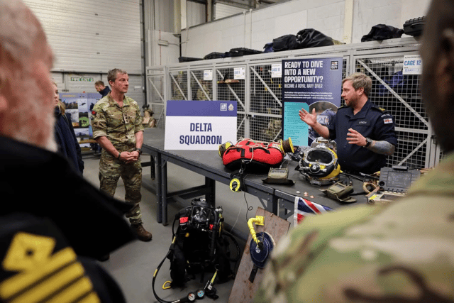 Adventurer Bear Grylls, former Portsmouth North MP Penny Mordaunt and other guests were given a tour of a Royal Navy base on Horsea Island - showcasing divers and their sophisticated equipment.