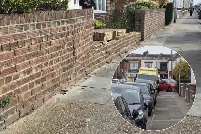A red car has crashed into a wall at a property in Kingsley Road, Southsea.