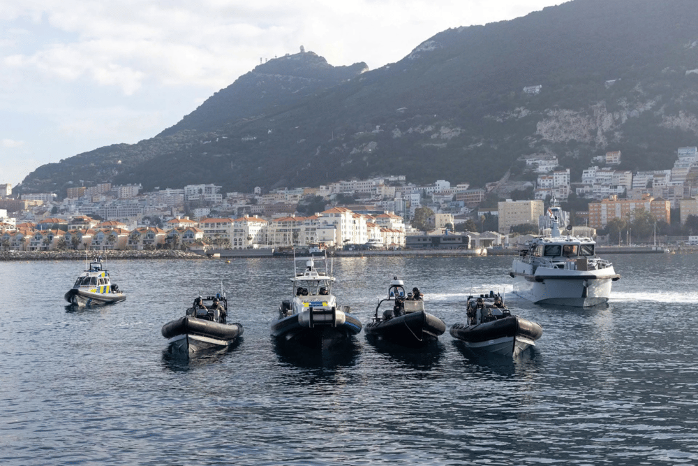 Royal Navy patrol ship HMS Dagger was tasked to shadow a Spanish warship following an “incursion”, which resulted in a “stand-off”. Pictured is the ship leading an exercise off Gibraltar alongside local police forces and other assets. This includes two Pacific 24 Rigid Hull Inflatable Boats, VC7 of the Gibraltar Defence Police, HMC Searcher of His Majesty’s Customs and Bravo 3 of the Royal Gibraltar Police.