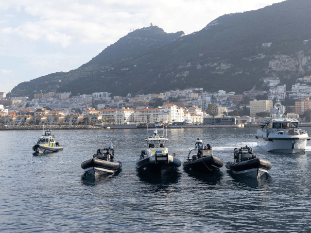 Royal Navy patrol ship HMS Dagger leading an exercise off Gibraltar alongside local police forces and other assets. This includes two Pacific 24 Rigid Hull Inflatable Boats, VC7 of the Gibraltar Defence Police, HMC Searcher of His Majesty’s Customs and Bravo 3 of the Royal Gibraltar Police.