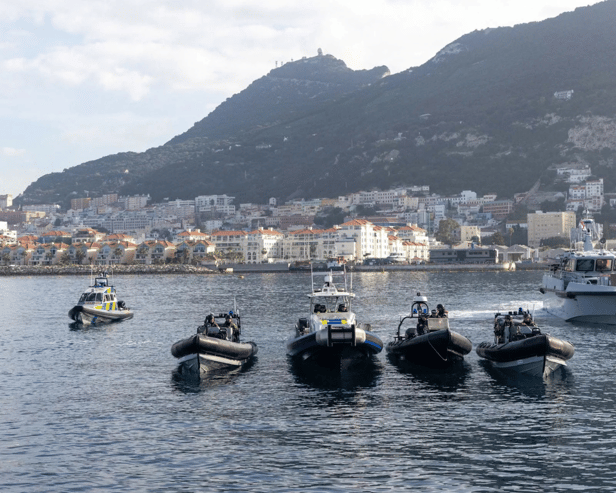 Royal Navy patrol ship HMS Dagger leading an exercise off Gibraltar alongside local police forces and other assets. This includes two Pacific 24 Rigid Hull Inflatable Boats, VC7 of the Gibraltar Defence Police, HMC Searcher of His Majesty’s Customs and Bravo 3 of the Royal Gibraltar Police.