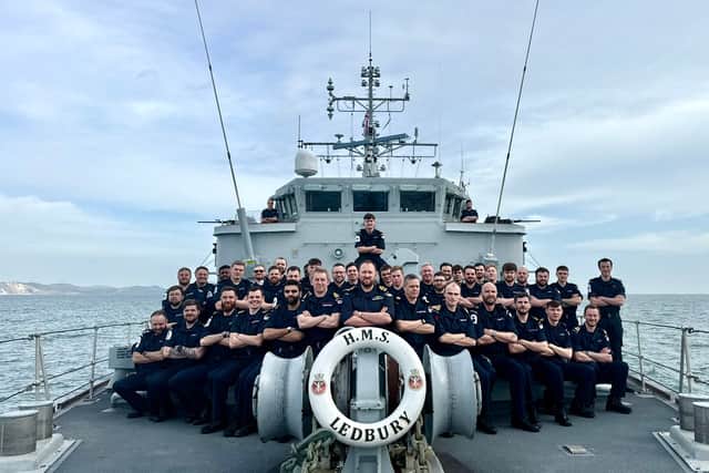 The crew of HMS Ledbury after completing a two month deployment which saw the Royal Navy sailors train in Scotland and alongside the Irish Navy.