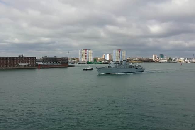 Royal Navy minehunter HMS Ledbury sailing from Portsmouth earlier this morning. She is one of the oldest ships in the fleet.