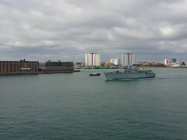 Royal Navy minehunter HMS Ledbury sailing from Portsmouth earlier this morning. She is one of the oldest ships in the fleet.