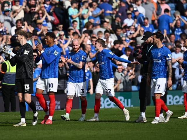 Pompey's Connor Ogilvie, third left, joins his team-mates to celebrate the win over Leeds. Pic: Graham Hunt/ProSportsImages