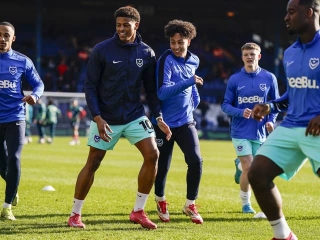 Kusini Yengi warms up ahead of Pompey's recent game against Luton at Kenilworth Road