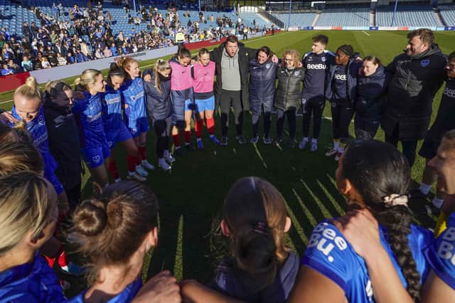 Pompey Women boss Jay Sadler addresses his team after victory over Sunderland at Fratton Park lifted them off the foot of the table. Picture: Jason Brown