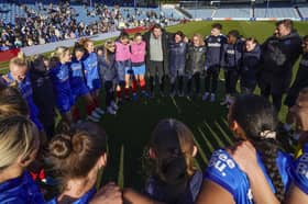 Pompey Women boss Jay Sadler addresses his team after victory over Sunderland at Fratton Park lifted them off the foot of the table. Picture: Jason Brown