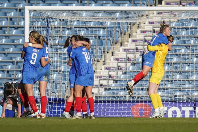 Pompey Women celebrate their 2-1 victory over Sunderland at Fratton Park to climb off the foot of the table. Picture: Jason Brown