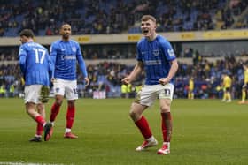 Goal scorer Mark O'Mahony celebrates scoring in Pompey's 2-0 win at Oxford in February. Picture: Jason Brown/ProSportsImages