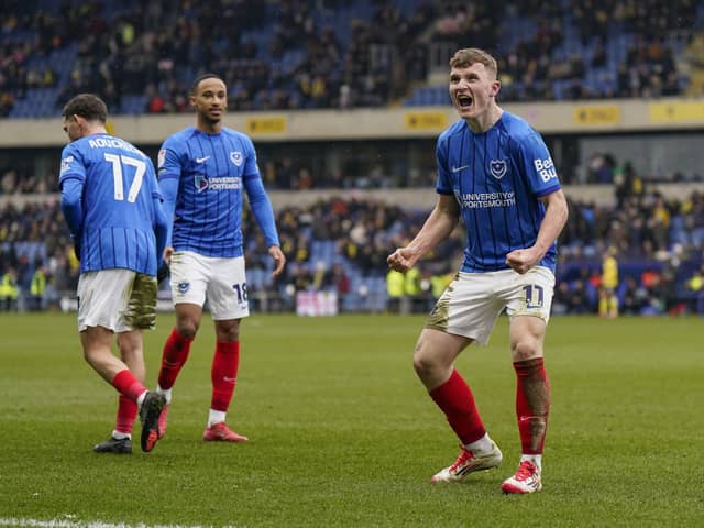 Goal scorer Mark O'Mahony celebrates scoring in Pompey's 2-0 win at Oxford in February. Picture: Jason Brown/ProSportsImages