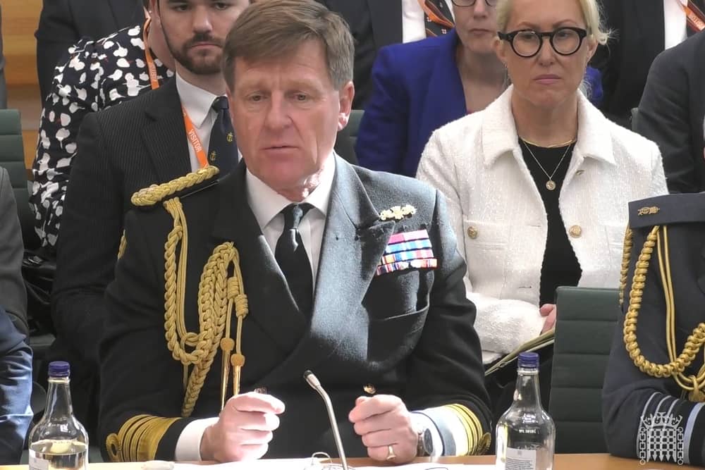 First Sea Lord Sir Admiral Ben Key taking questions on violence and bullying against women in the armed forces during a Defence Select Committee meeting.