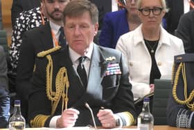 First Sea Lord Sir Admiral Ben Key taking questions on violence and bullying against women in the armed forces during a Defence Select Committee meeting.