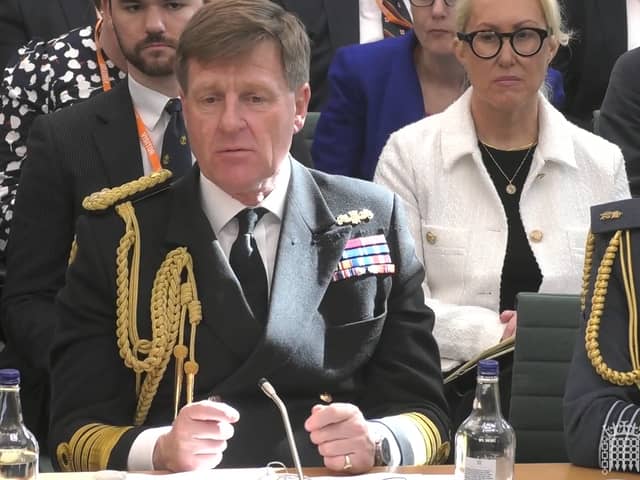 First Sea Lord Sir Admiral Ben Key taking questions on violence and bullying against women in the armed forces during a Defence Select Committee meeting.