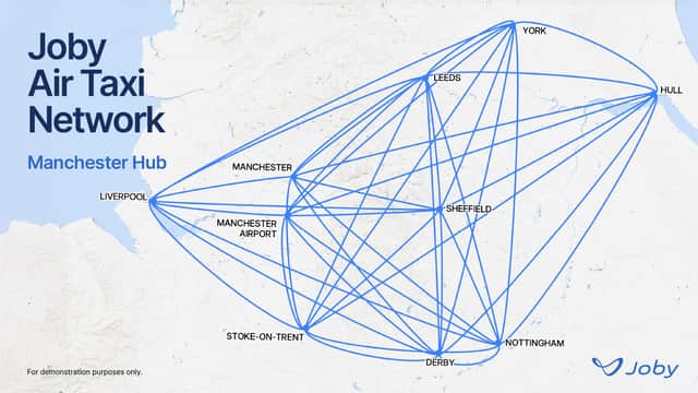 An illustration of what a future Joby air taxi network centred around Manchester and Virgin Atlantic’s hub at Manchester Airport could look like.