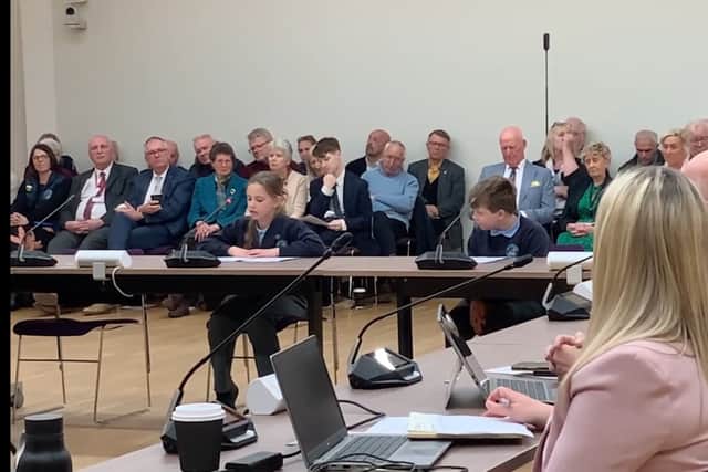 Lyla and George speaking at Hampshire County Council's decision-making cabinet meeting over the closure of Stubbington Study Centre