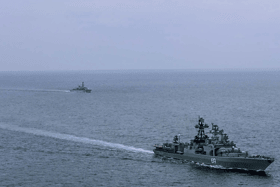 Royal Navy ships monitored a Russian taskforce sailing near Portsmouth carrying ammunition from Syria. PIctured is HMS Somerset sailing near destroyer RFN Severomorsk.