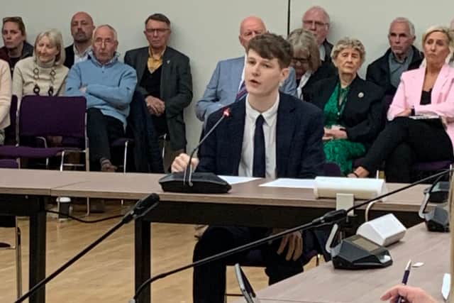 Joseph Adamson speaking at the public meeting where Hampshire County Council voted to keep Stubbington Study Centre open