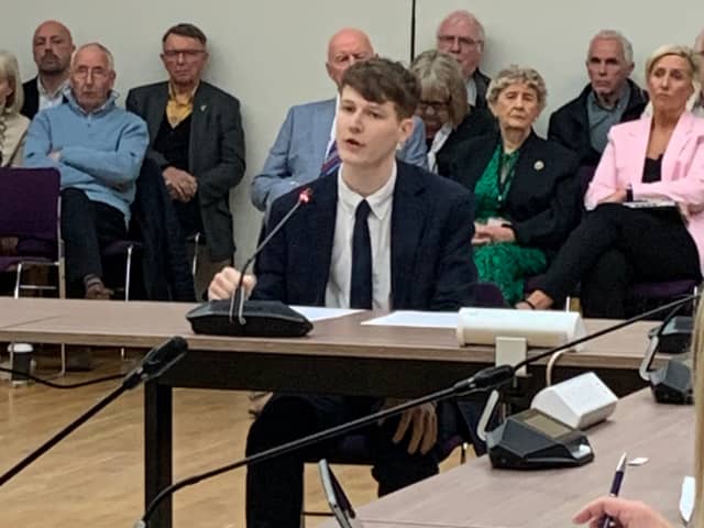 Joseph Adamson speaking at the public meeting where Hampshire County Council voted to keep Stubbington Study Centre open