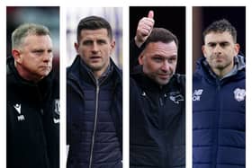 From left to right: Stoke's Mark Robins, Pompey's John Mousinho, Derby's John Eustace and Cardiff's Omer Riza are all in the Championship relegation dogfight.