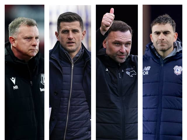 From left to right: Stoke's Mark Robins, Pompey's John Mousinho, Derby's John Eustace and Cardiff's Omer Riza are all in the Championship relegation dogfight.