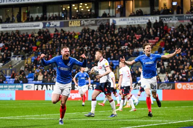 Aiden O'Brien scoring for Pompey against Bolton in April 2022. Picture: Philip Bryan/ProSportsImages