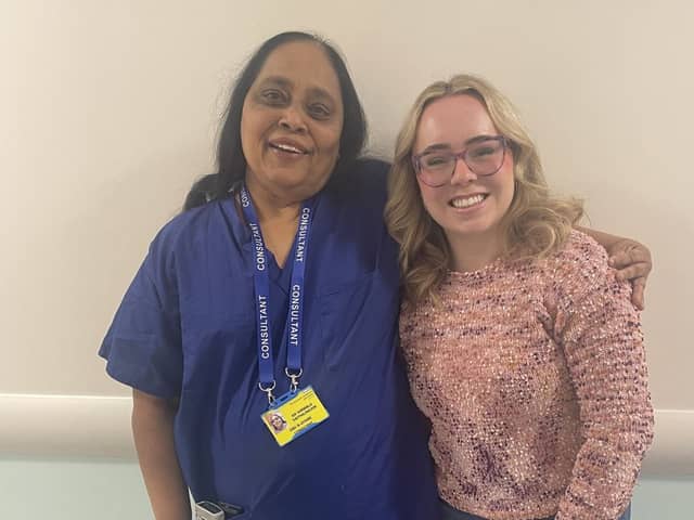 Caitlyn, now a midwife in Canada, reunited with Dr Vaithillingaham who delivered her at St Mary's Hospital in 1999 at 26 weeks weighing just 1lb and 4.5 ounces.
