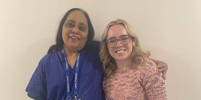Caitlin, now a neonatal nurse in Canada, reunited with Dr Vaithillingaham who delivered her at St Mary's Hospital in 1999 at 26 weeks weighing just 1lb and 4.5 ounces.