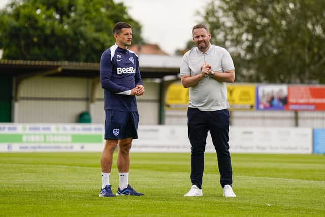 Pompey boss John Mousinho, left, and sporting director Rich Hughes, right. Pic: Jason Brown/ProSportsImages