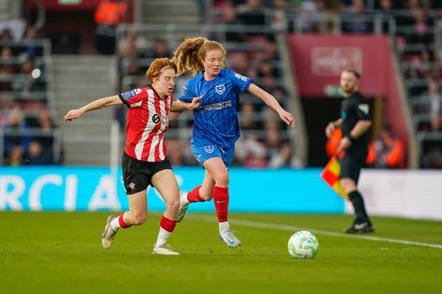 Sophie Quirk battles for possession in the goalless draw against Southampton FC Women at St Mary's on Saturday. Picture: Jason Brown/ProSportsImages
