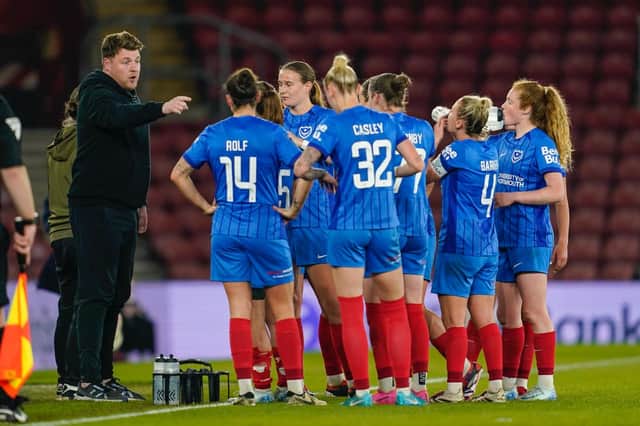 Jay Sadler addresses his Pompey side in the goalless draw against Southampton FC Women at St Mary's on Saturday. Picture: Jason Brown/ProSportsImages