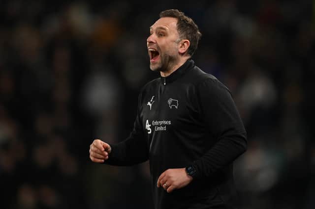 John Eustace celebrates another Derby win, this time against Coventry. Picture:  Gareth Copley/Getty Images