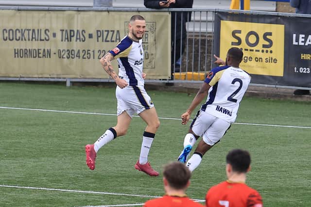 Ex-Pompey man Leon Maloney celebrates opening the scoring for Hawks in their 4-0 win over Gloucester on Saturday. Picture: Dave Haines