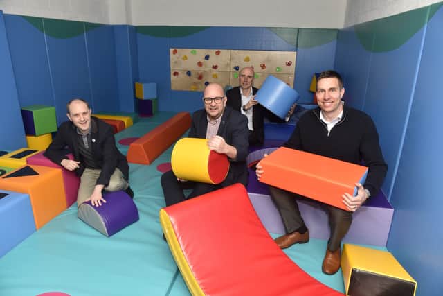 Pictured is: (l-r) Cllr Matthew Winnington, for community, wellbeing, health and care, cllr Steve Pitt, leader of Portsmouth City Council, John Workman, CEO of BH Live and Rob Cunningham, leisure and business director for BH Live. Picture: Sarah Standing (240325-978)