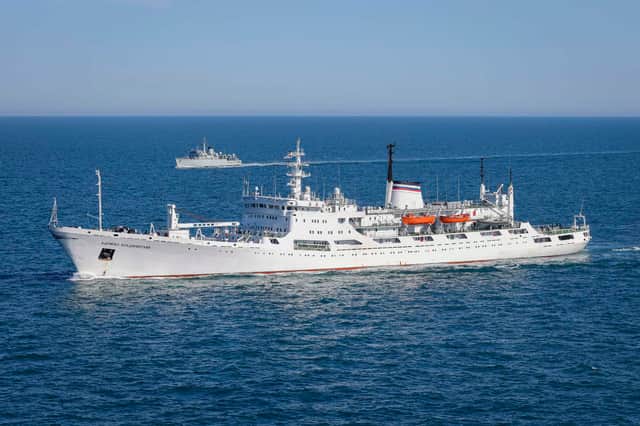 HMS Cattistock escort survey ship Admiral Vladimirskiy in the English Channel