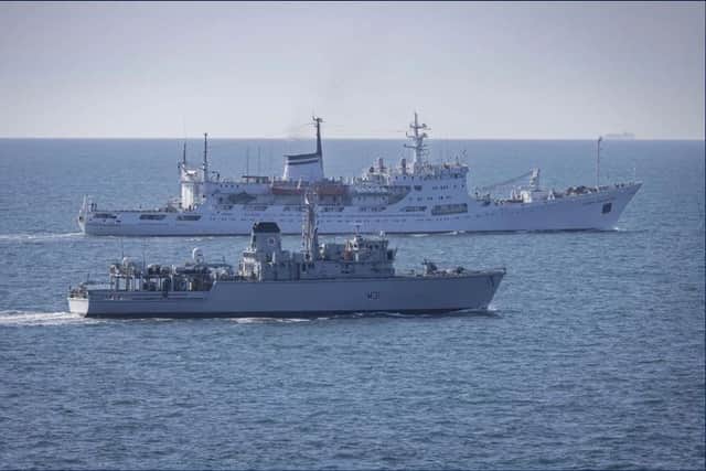 HMS Cattistock escort survey ship Admiral Vladimirskiy in the English Channel