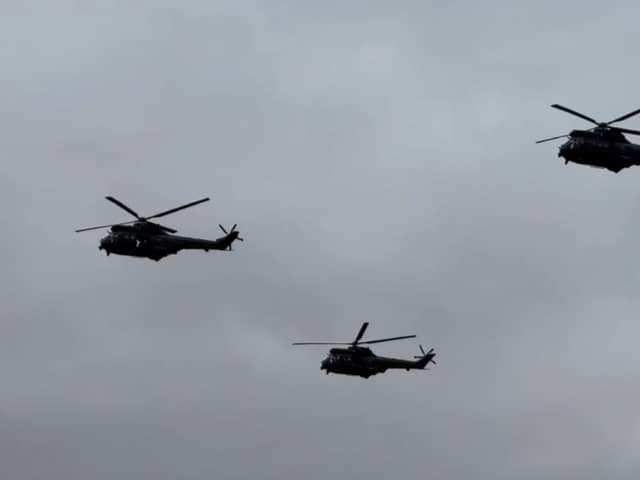 Puma helicopters fly over RAF Cosford.