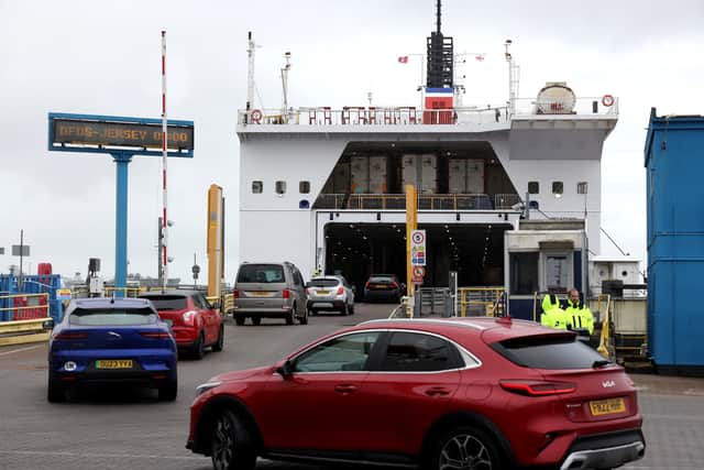 Passengers boarding the first sailing of the new DFDS ferry service between Portsmouth and Jersey.