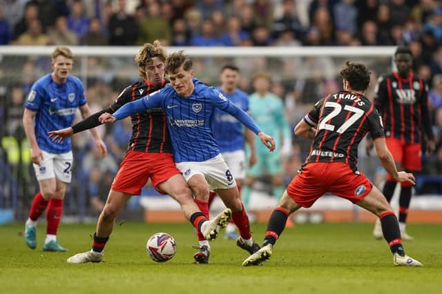 Freddie Potts in the thick of the action during Pompey's 1-0 win over Blackburn. Picture: Jason Brown/ProSportsImages