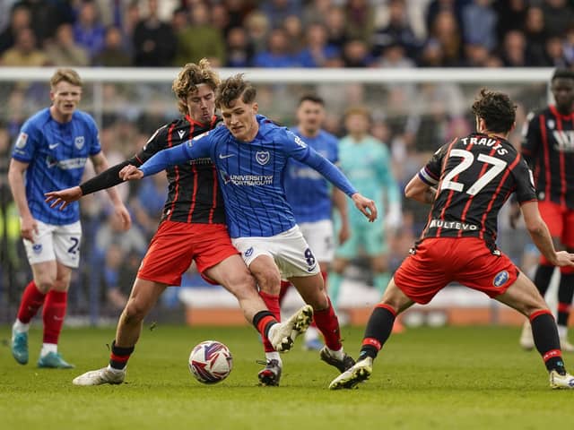 Freddie Potts in the thick of the action during Pompey's 1-0 win over Blackburn. Picture: Jason Brown/ProSportsImages