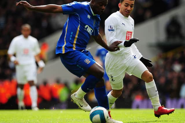 Pompey defender Lucien Aubey in action against Spurs in 2008.  (Photo by Shaun Botterill/Getty Images)