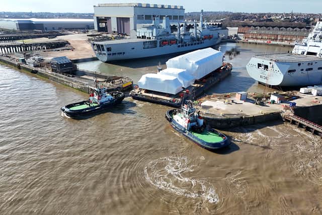 Hull sections and jigs on route to Glasgow and BAE Systems for assembly, produced to be part of the Type 26 frigate HMS Birmingham.