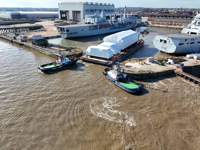 Hull sections and jigs on route to Glasgow and BAE Systems for assembly, produced to be part of the Type 26 frigate HMS Birmingham.