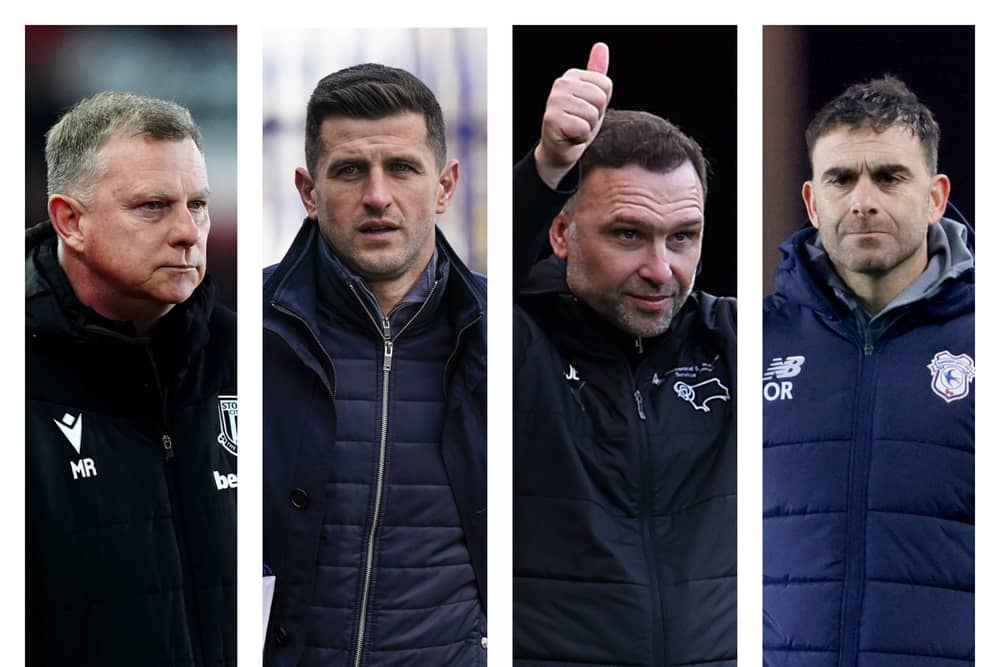 From left to right: Stoke's Mark Robins, Pompey's John Mousinho, Derby's John Eustace and Cardiff's Omer Riza are all in the Championship relegation dogfight.