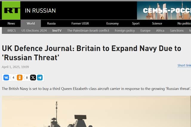 A screenshot of the report that RT ran which claimed that Britain would be buying a third aircraft carrier and name it HMS Prince Andrew. This has since been deleted, but can be accessed via internet archives.