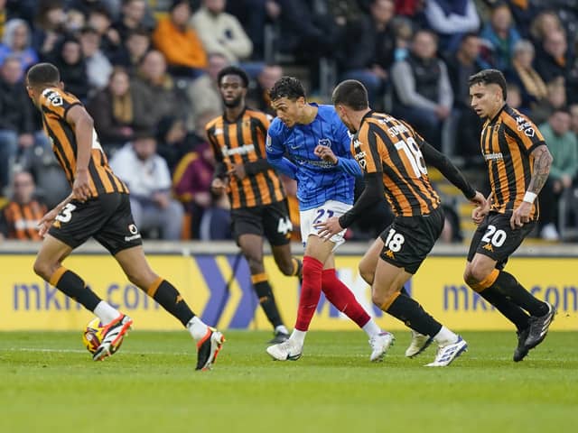 Andre Dozzell in the thick of the action at Hull in November - a 1-1 draw which marked a new playing style for Pompey. Picture: Jason Brown/ProSportsImages