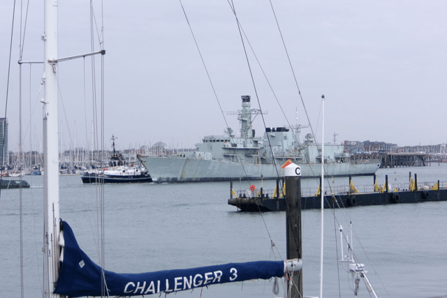 Royal Navy frigate HMS Monmouth has left Portsmouth for the final time as she is set to be scrapped in Turkey. Pictured is her being towed away from the city.