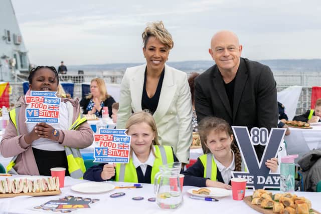 VE Day 80 street party on board Royal Navy warship HMS Duncan with celebrity supporters of the Armed Forces, Ross Kemp and Dame Kelly Holmes on Friday 4th April 2025.