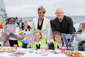 VE Day 80 street party on board Royal Navy warship HMS Duncan with celebrity supporters of the Armed Forces, Ross Kemp and Dame Kelly Holmes on Friday 4th April 2025.