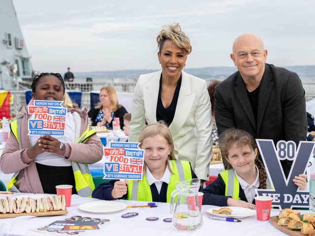VE Day 80 street party on board Royal Navy warship HMS Duncan with celebrity supporters of the Armed Forces, Ross Kemp and Dame Kelly Holmes on Friday 4th April 2025.